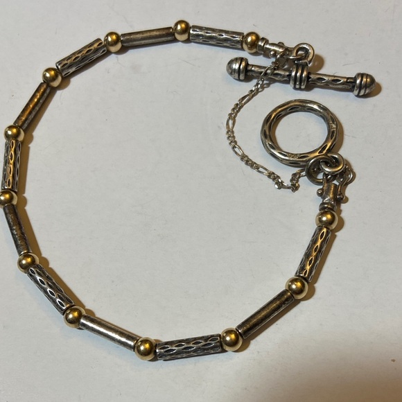 VTG 14K GOLD BEADS/925 STERLING SILVER ToggleClasp Bracelet w/Secure Chain 7.5